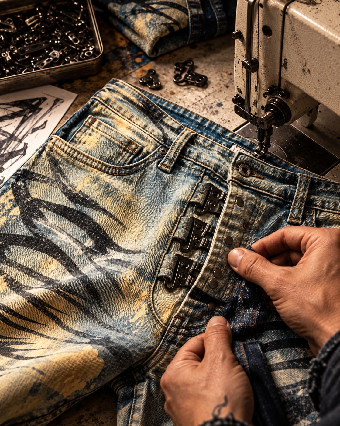 Hands working distressed, striped denim at the workbench